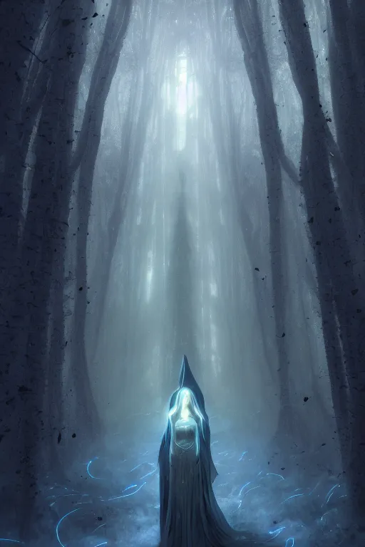 Prompt: a full body portrait of a mysterious goddess with a very long hooded cloak made of stars and clouds walking through a forest,, by maciej kuciara and jason chan and makoto shinkai and rodney matthews, ominous, auras, smoke, fire, embers, vapor, trending on artstation, ultra detailed, hyper realistic 4 k, volumetric light