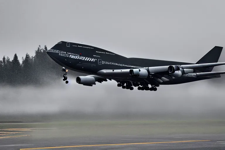 Image similar to detailed photo of a boeing 7 4 7 landing at a 4 5 degree angle, on a runway in heavy rain and wind, photo from a spectator, 8 k, natural lighting