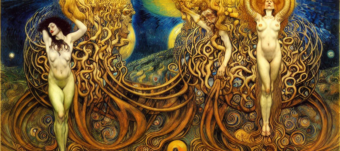 Image similar to Divine Chaos Engine by Karol Bak, Jean Delville, William Blake, Gustav Klimt, and Vincent Van Gogh, symbolist, visionary