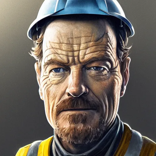 Image similar to closeup portrait of mecha bryan cranston with construction crane arms, yellow hardhat, fantasy, d & d, heartstone, digital painting, volumetric light, intricate, sharp, focus, bloom, illustration, highly detailed, concept art, matte, ruan jia, randy vargas, greg rutkowski