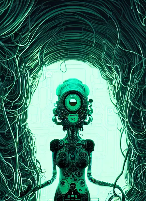 Image similar to highly detailed portrait of a biopunk long curly white hair tribal lady, stray wiring by atey ghailan, james gilleard, by joe fenton, by greg rutkowski, by greg tocchini, by kaethe butcher, 4 k resolution, gradient green, black and white color scheme!!! ( ( irradiated robotic cavern background ) )