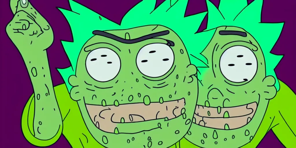 Image similar to Rick Sanchez after transforming into a Pickle Rick, terrified as his new body slowly breaks down into green goo, adult swim cartoon, 2d art