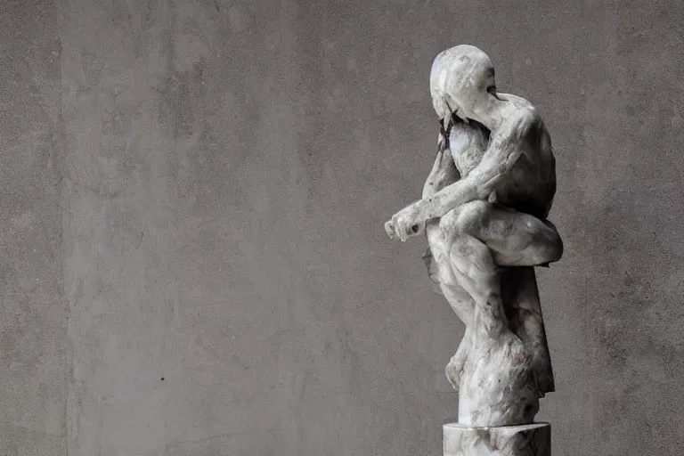 Prompt: a sculpture of a person sitting on top of a chair, a marble sculpture by nicola samori, behance, neo - expressionism, marble sculpture, apocalypse art, made of mist 1 2 3 4 7