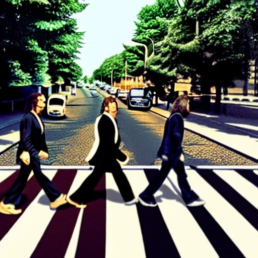 Image similar to 4 men walking on crosswalk on abbey road, city, digital art, 8 k.