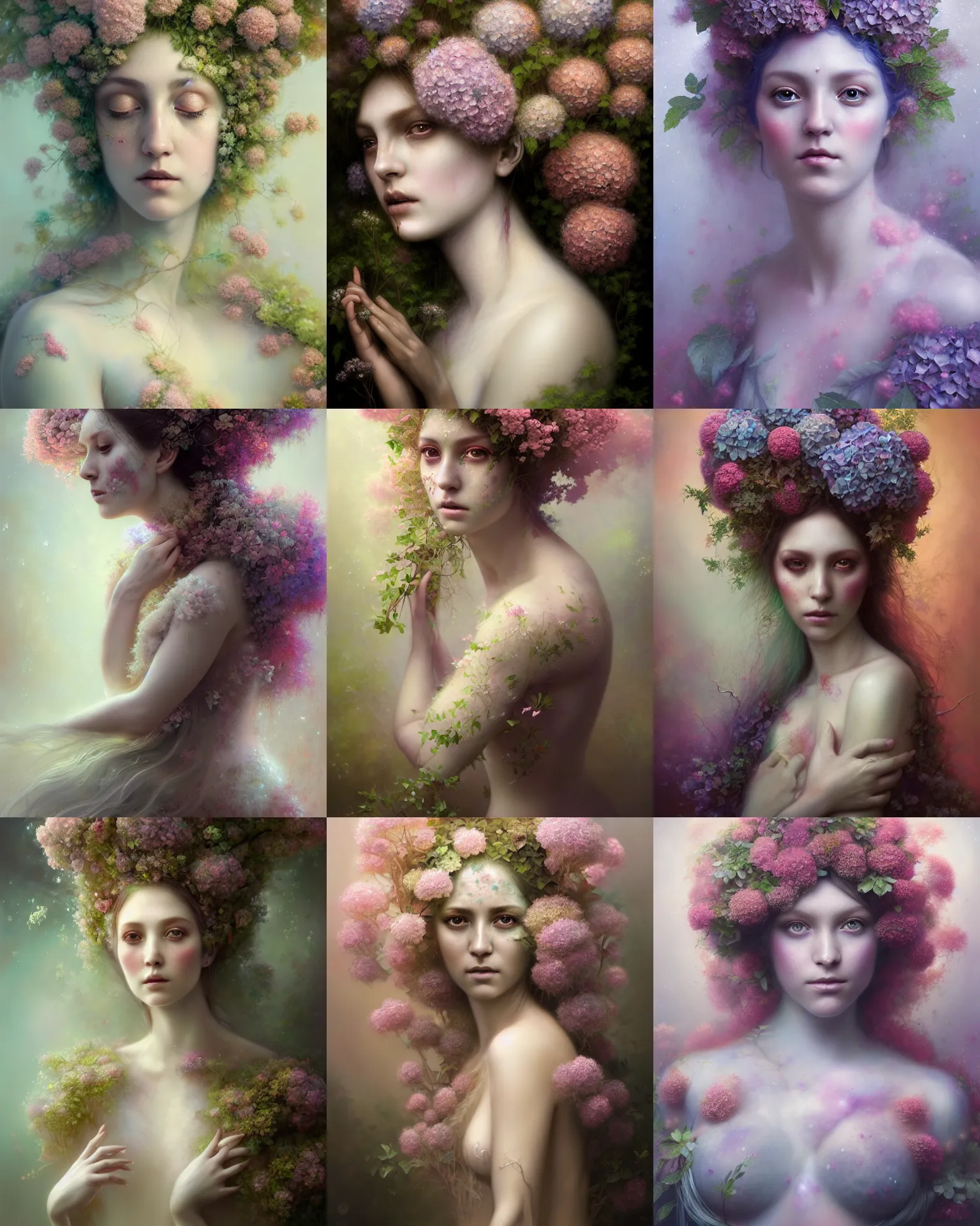 Prompt: Full view realistic Portrait ethereal hydrangea dryad wearing beautiful dress, deity of hydrangeas, mystical, 4k digital masterpiece by Tom bagshaw and Alberto Seveso, Ruan Jia, rossdraws, medium shot, fantasycore, Hyperdetailed, realistic oil on linen, soft lighting, Iconography background, featured on Artstation