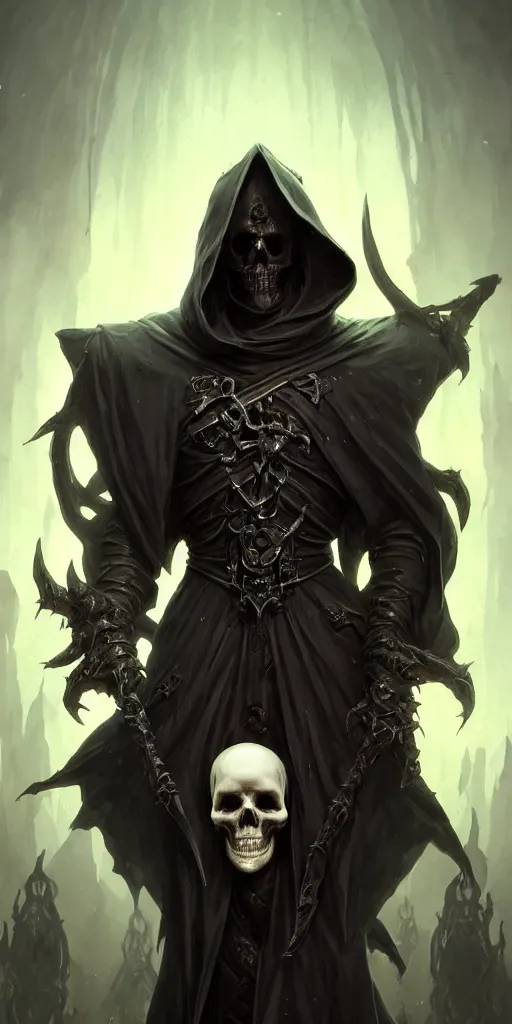 Image similar to necromancer with a skull face, full body shot, hood, d & d, dark, fantasy, dynamic pose, ethereal background, intricate, elegant, highly detailed, digital painting, artstation, concept art, matte, sharp focus, illustration, hearthstone, art by artgerm and greg rutkowski and alphonse mucha