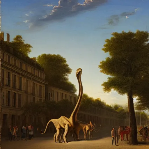 Image similar to 1750 street of Paris with Diplodocus and T-Rex, in the style of the Hudson River School