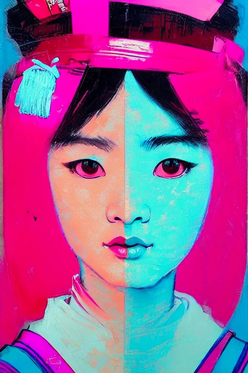 Image similar to portrait of a stylized japanese young geisha, painted in acrylic, pigment textures, in the colors hot pink and cyan, beautiful realistic face, rule of thirds, spotlight, by greg rutkowski, by jeremy mann, by francoise nielly, by van gogh, by ross tran, in focus