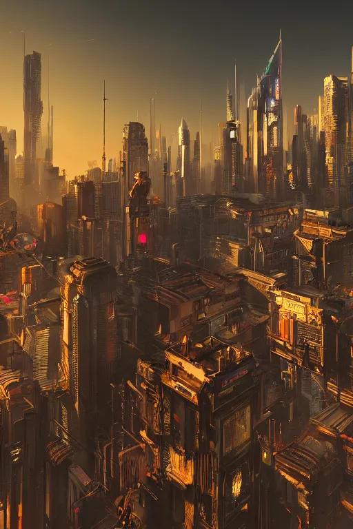 Image similar to cyberpunk cityscape with tall buildings at dusk golden hour orange cinematic lighting, epic composition. A golden daylight, hyper-realistic environment. Hyper and intricate detail, photo-realistic. Cinematic and volumetric light. Epic concept art. Octane render and Unreal Engine, trending on artstation