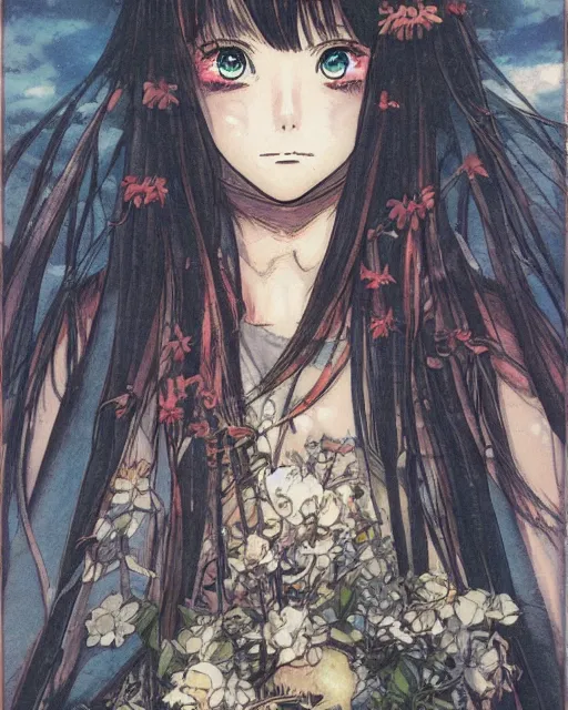 Image similar to illustration of anime girl in the style of studio ghibli, ayami kojima, akihiko yoshida and 90's anime