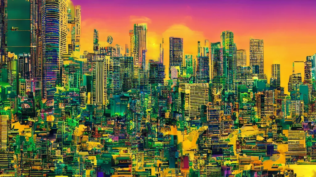 Prompt: golden city in a vaporwave jungle, 4k, ultra realistic, award winning photograph