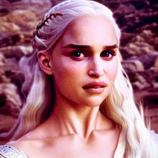 Image similar to a selfie of daenerys targaryen played by a young natalie portman with smooth skin and light violet eyes, ethereal, mystic, medium shot, detailed eyes, vivid, golden hour