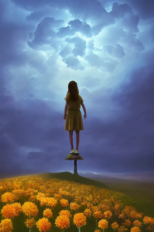 Image similar to closeup giant dahlia flower over the head, girl standing on mountain, surreal photography, blue storm clouds, dramatic light, impressionist painting, digital painting, artstation, simon stalenhag