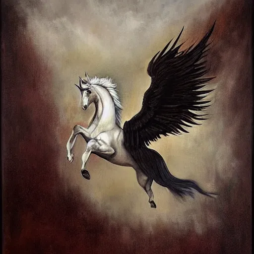 Prompt: an oil painting of a pegasus view from its side painted by esao andrews. circa survive album cover art. dark. muted colors. gothic. oil painting with brush strokes. creepy.