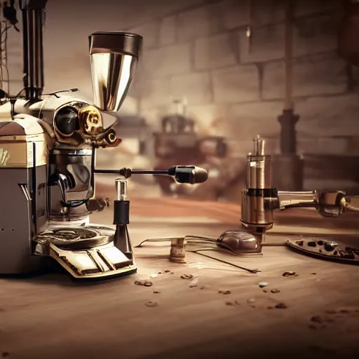 Image similar to dslr photo of a steampunk robotic espresso machine with small scientific gears, android coffee shop, 4 k, photorealistic, octane render, unreal engine, cafe lighting, cinematic, by ridley scott,