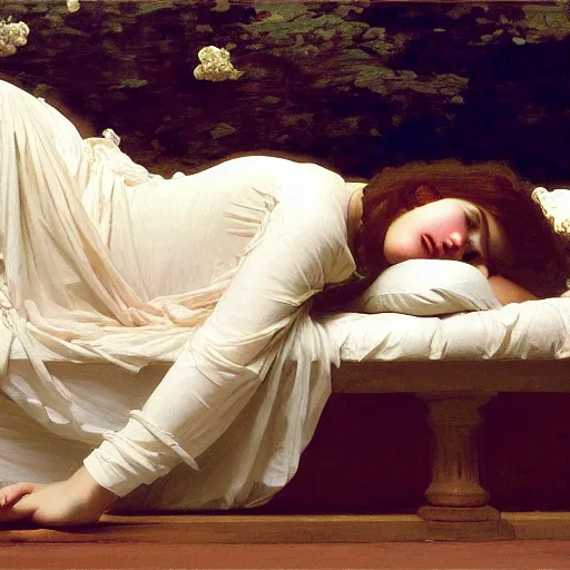 Prompt: a teenage girl lying on the floor, wearing a nightgown, by Frederic Leighton