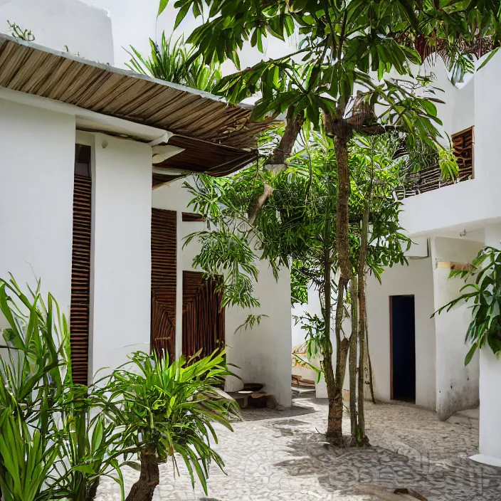 Prompt: idyllic town house on a quiet street in lagos, tropical architecture with sun shading and pergolas, modernist african building, contemporary architecture, architectural photography, canon eos r 3, telephoto lens, sigma 5 0 0 mm f / 5, iso 2 0 0, 1 / 1 6 0 s, 8 k, raw, unedited, in - frame