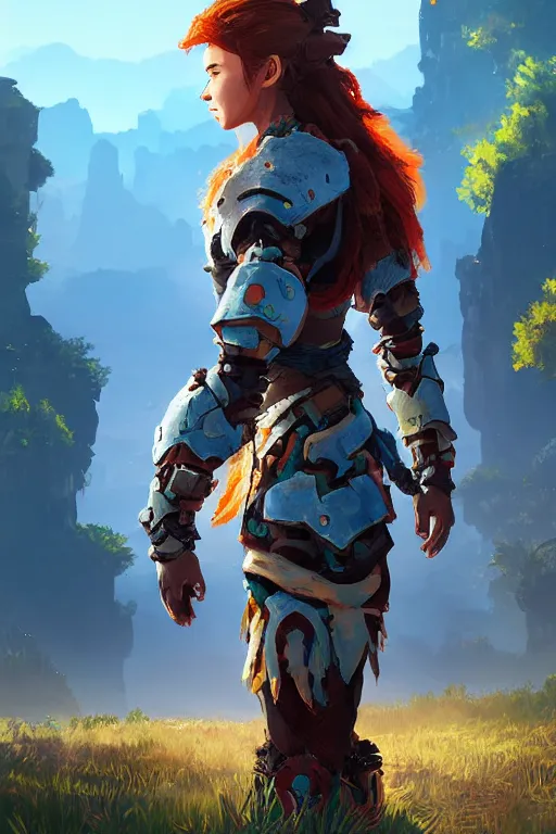 Image similar to combination suit armor aloy horizon forbidden west horizon zero dawn radiating a glowing aura global illumination ray tracing hdr fanart arstation by ian pesty and alena aenami artworks in 4 k tribal robot ninja mask helmet backpack