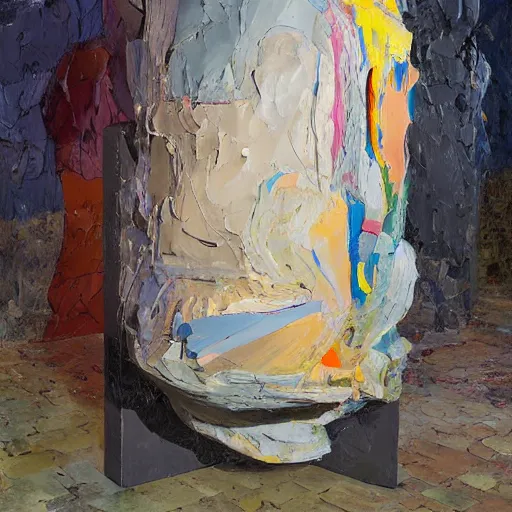 Prompt: an impasto painting by shaun tan of an abstract sculpture by the caretaker and john chamberlain