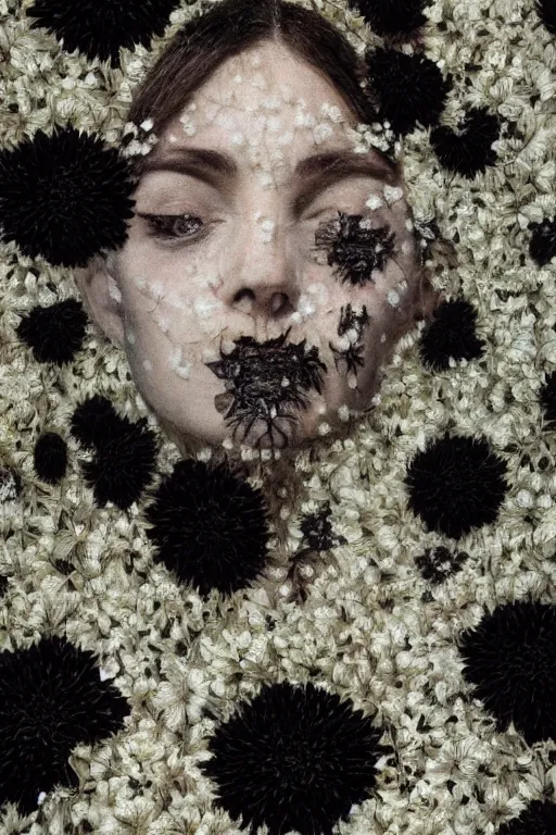 Prompt: hyperrealism close - up portrait of thousands black flowers merged with with medieval female shattered face, dark palette, pale skin, wearing silver silk robe, in style of classicism