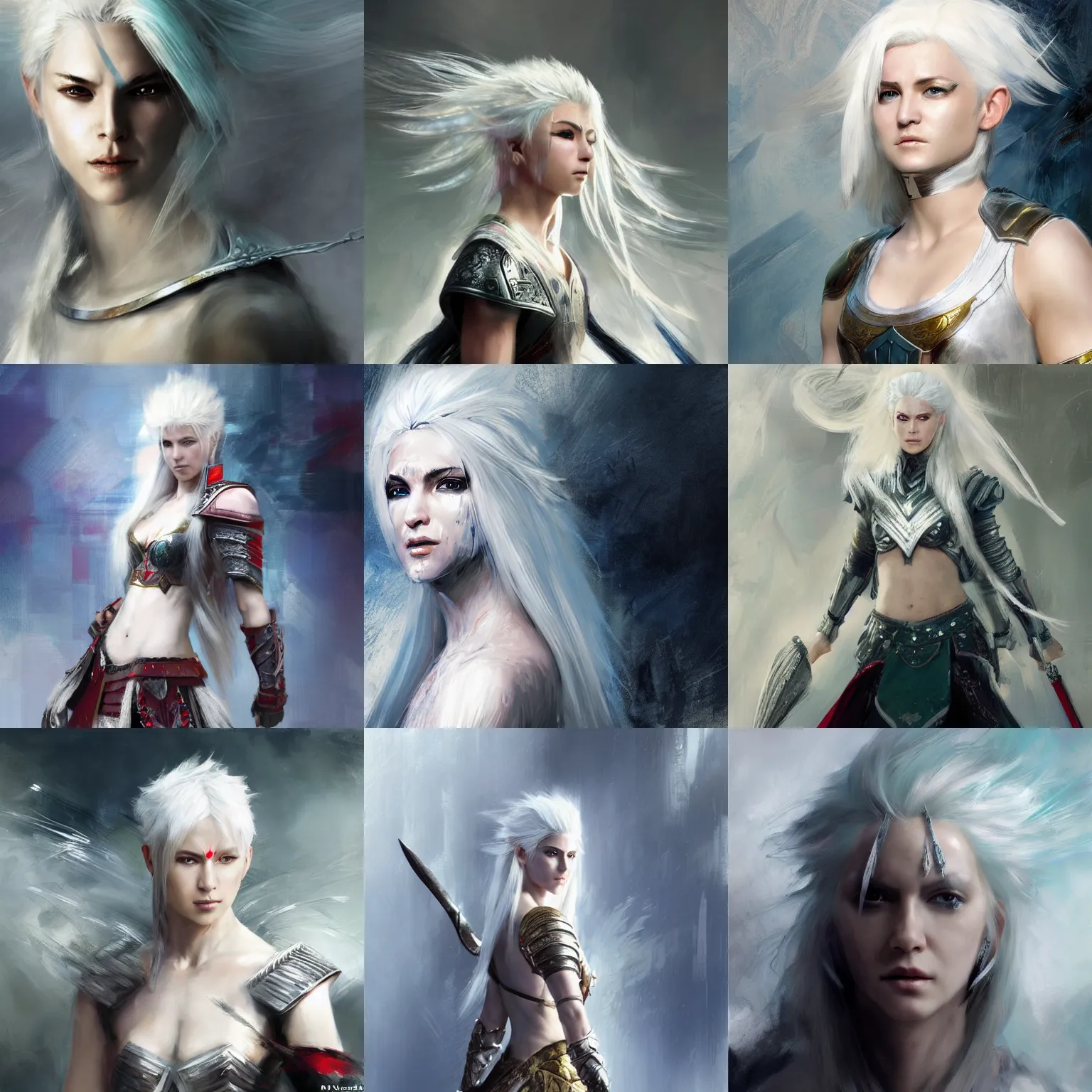 Prompt: female warrior princess with white hair full shot, by Ruan Jia and Vergil hoo, abstract background