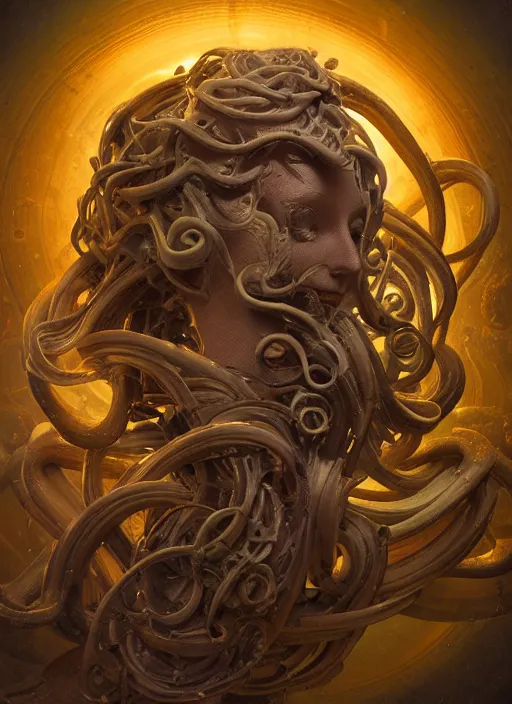 Prompt: biomechanical medusa made of soft wax, wooden art nouveau swirls, strong subsurface scattering, cables, tubes, subsurface scattering, in the style of ruan jia and beeple and giger, subsurface scattering, mystical colors, rim light, dramatic lighting, 8 k, stunning scene, raytracing, octane render, trending on artstation