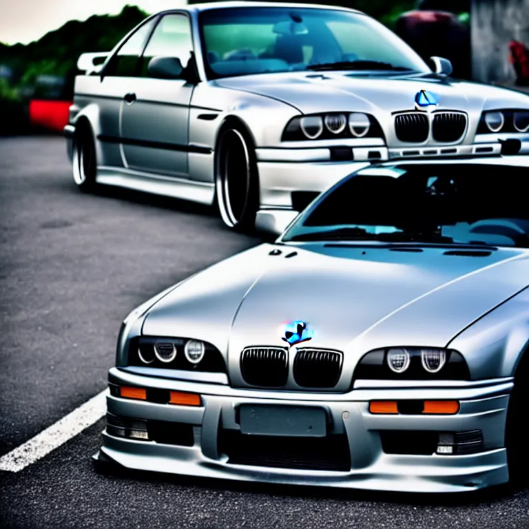 Image similar to close-up-photo BMW E36 turbo illegal meet, work-wheels, Gunma prefecture, rooftop carpark, cinematic color, photorealistic, high detailed deep dish wheels, highly detailed, custom headlights, neon underlighting