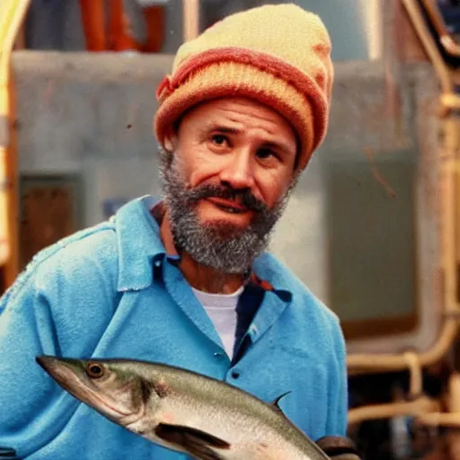 Image similar to photograph of steve zissou holding out a sardine for the loch ness monster, long shot