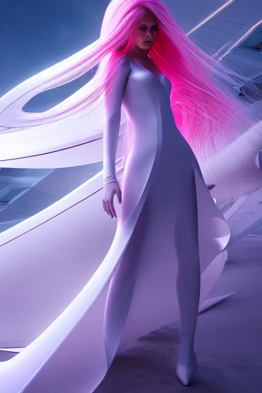 Prompt: a futuristic scene character sheet for long pink haired beautiful thin woman in a white flowing futuristic dress, in front of a zaha hadid building, cinematic matte painting, extreme detail photo quality, dark moody colors, featured on behance