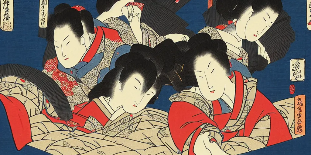 Image similar to ukiyo - e woodblock print of a geisha and a samurai inside a bedroom, by hokusai