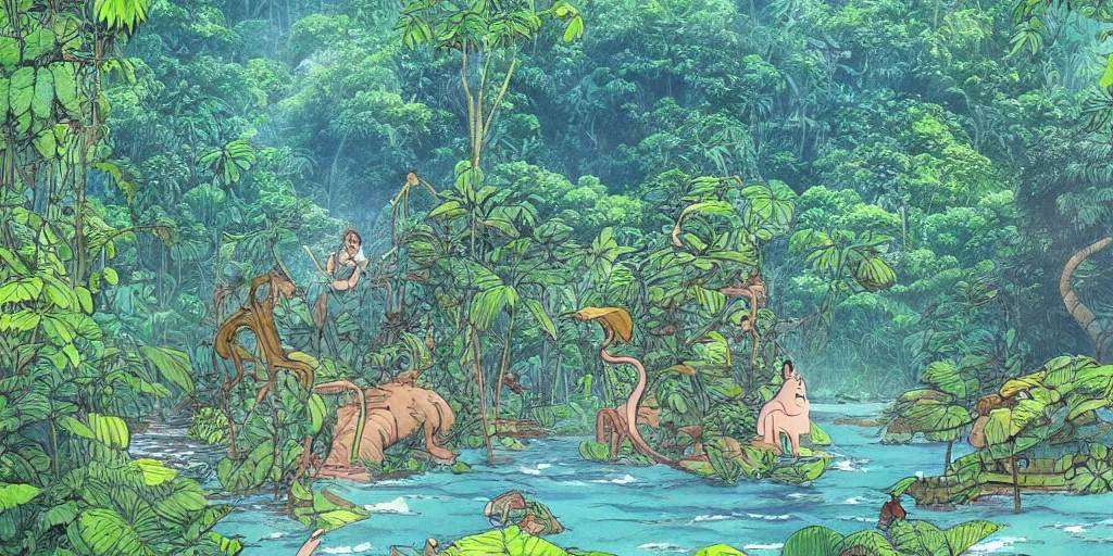 Image similar to sri lankan river jungle, drawn by hayao miyazaki