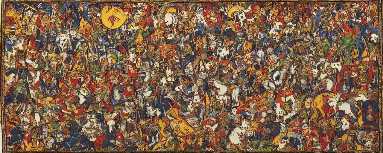 Prompt: the holy crusade of cats wariors, in the style of Middle Age tapestry,