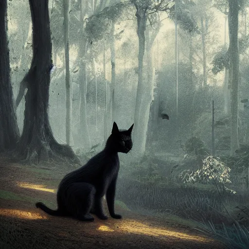 Prompt: a black cat looking curiously, there is a forest in the background, texture, intricate, details, highly detailed, greg rutkowski style, masterpiece, architecture, building, trending on artstation, focus, sharp focus, concept art, digital painting, fantasy, sunny, day, golden hour