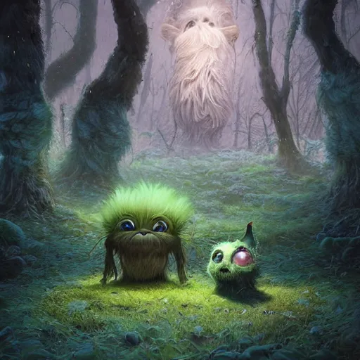 Prompt: a surreal bioluminescent, very very very cute hairy mossy forest goblin made of bark in a happy forest world by bobby chiu, daniel merriam, trending on artstation, oil on canvas by elena zhurikhina and goro fujita and charlie bowater, octane render, 4 k, 8 k, hd