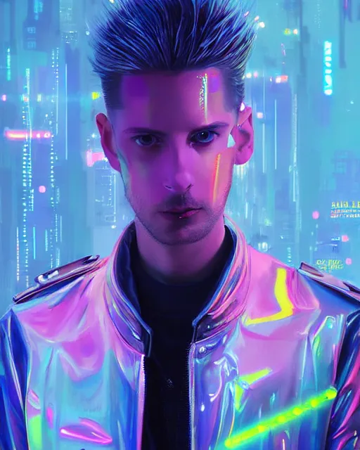 Image similar to detailed portrait of European Pale Blonde hair Stylish Guy Sheen Holographic Jacket coat, Futuristic sci-fi fashion, royal attire Akira, Evangelion, cyberpunk, neotokyo, synthwave, aesthetics, futuristic, low-emission-neon, bladerunner movie scene by ismail inceoglu dragan bibin hans thoma greg rutkowski Alexandros Pyromallis Nekro Rene Margitte illustrated Perfect face, fine details, realistic shaded, fine-face, pretty face sharp chine