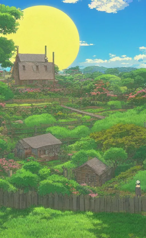Prompt: anime screenshot wide-shot landscape with house in the apple garden, beautiful ambiance, golden hour, studio ghibli style, by hayao miyazaki, sharp focus, highly detailed,