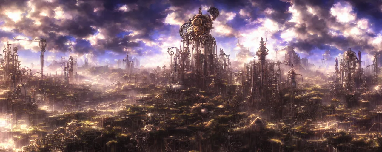 Image similar to steampunk anime landscape, beautiful, artstation trending, deviantart, highly detailed, focus, smooth, by hirohiko araki, yoshitaka amano