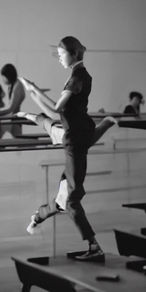 Image similar to tilted frame, dutch angle, skewed shot, film still of stylish girl dancing on school desk, cinematography from music video, intricate, elegant, highly detailed, smooth, sharp focus,