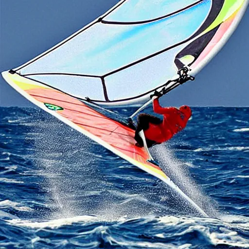 Image similar to A ragdoll cat windsurfing, cool, impressive, skilled, cartoon