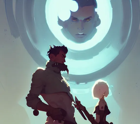 Image similar to portrait jayce and viktor, arcane, by atey ghailan, by greg rutkowski, by greg tocchini, by james gilleard, by joe fenton, by kaethe butcher, dynamic lighting, gradient light blue, brown, blonde cream and white color scheme, grunge aesthetic