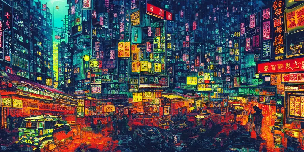Image similar to artwork of a hong kong street, by dan mumford and wong kar - wai and peter doig, highly detailed, dramatic lighting, 8 k