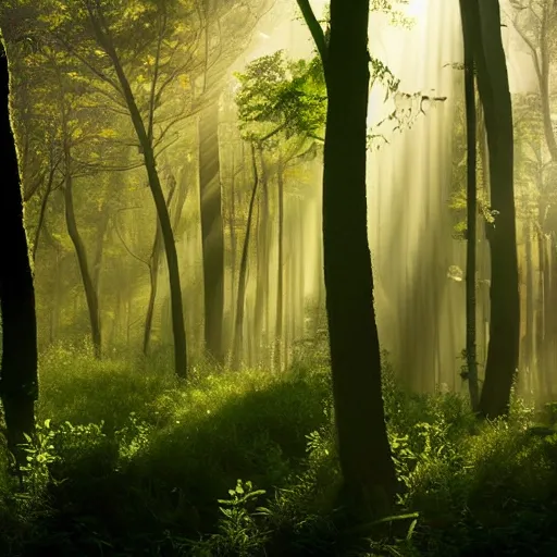 Prompt: early morning forest with mist rising from the forest floor, sunrays