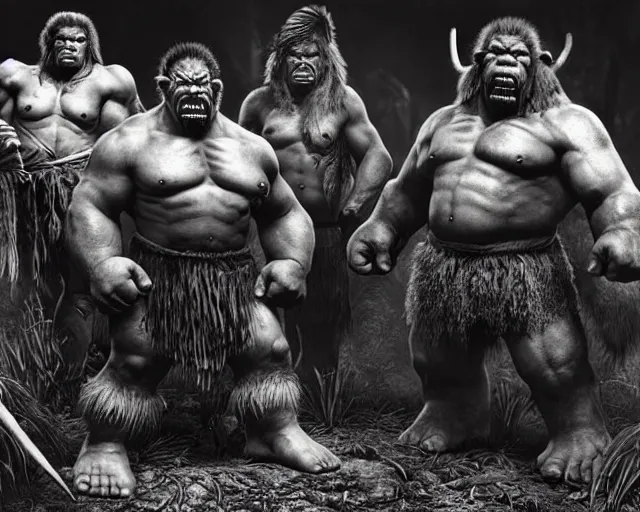 Image similar to hyper realistic group vintage photograph of a live action warcraft orc warrior tribe in the jungle, tall, hulk like physique, detailed faces, tribal paint, tribal armor, grain, old, monochrome, sepia toned, realistic lighting, wide angle