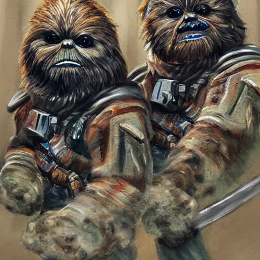 Prompt: a very high detailed painting of teek race ewoks strar wars