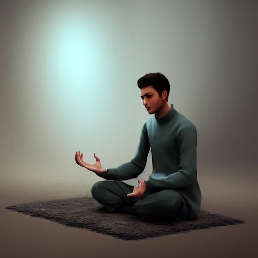 Image similar to a handsome young man sitting in meditation, 3 d render and matte painting, concept art, trending on artstation