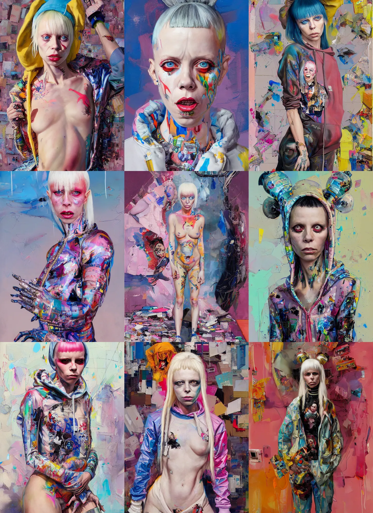 Image similar to yolandi visser in the style of martine johanna and donato giancola, wearing a hoodie, standing in a township street, street fashion outfit,!! haute couture!!, full figure painting by john berkey, david choe, ismail inceoglu, pastel color palette, detailed impasto, 2 4 mm lens