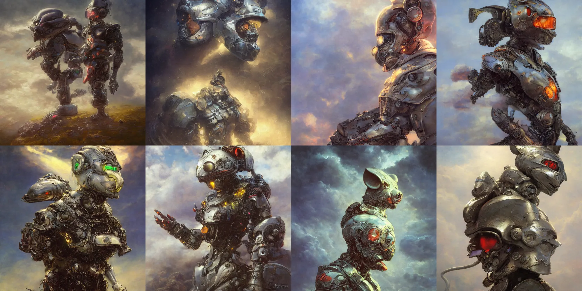 Image similar to portrait of epic anthropomorphic mouse cyborg neon armor, in clouds, cinematic studio light, windy, sunrise, wlop, by gerald brom, by mikhail vrubel, by peter elson, muted colors, extreme detail, trending on artstation