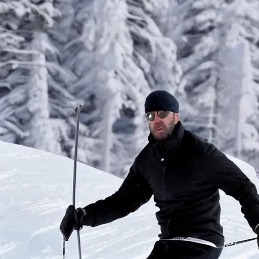 Image similar to jason statham skiing, dust, full body shot, finely detailed