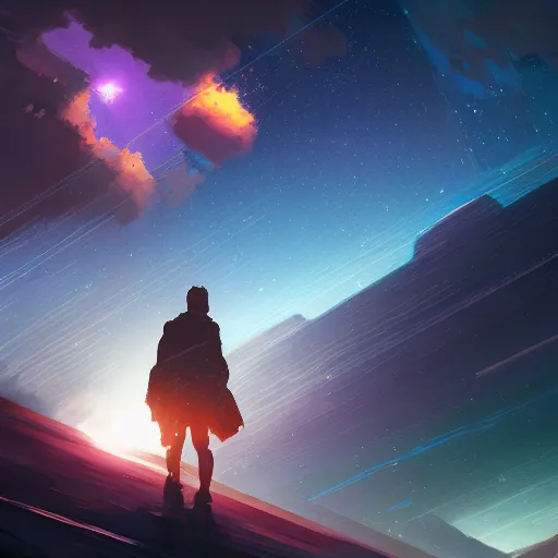 Prompt: thundering across the stars by andreas rochas, dan mumford, craig mullins, killian eng and makoto shinkai. 8 k, intricate details, illustration, dynamic lighting, unreal engine, featured on artstation, soft glow, lens flare