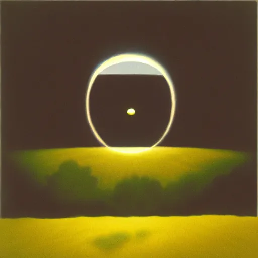 Image similar to guy billout painting. the sun has a face with many eyes and teeth. seen through the fog